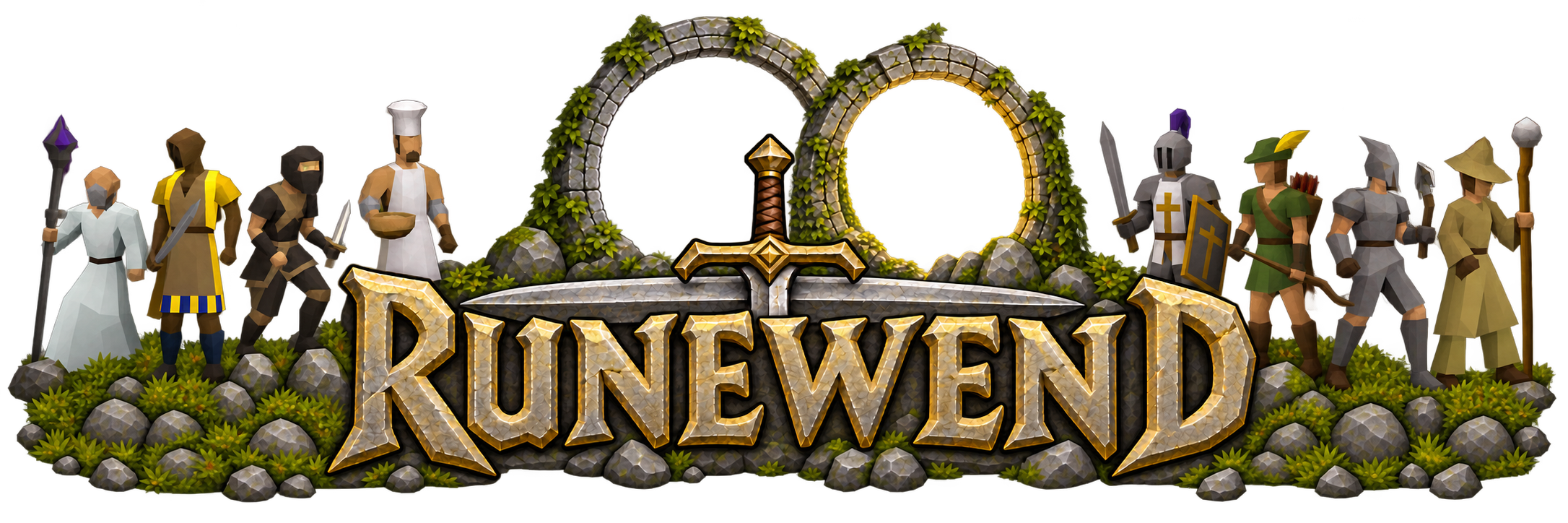 Runewend sword and stone wordmark with flanking adventurers